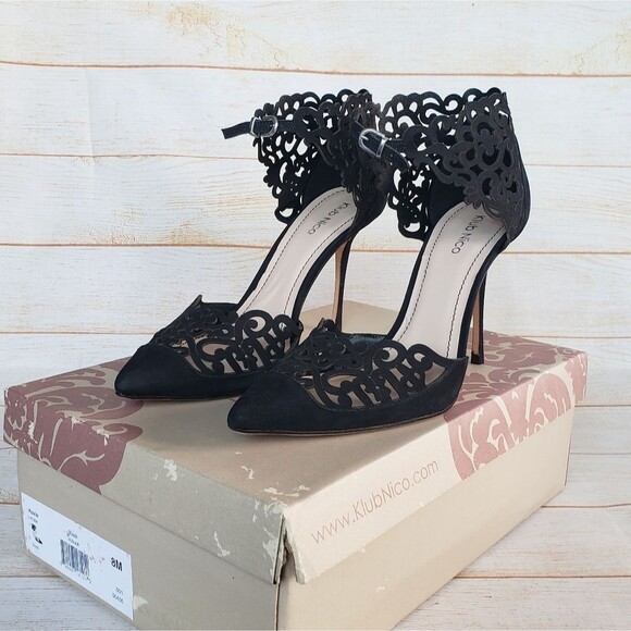 Klub Nico Roxie Nubuck Leather Laser Cut Pointy Toe Stiletto Heel Pumps Size 8M - Picture 1 of 16